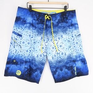 Pelagic Sharkskin Board Shorts Mens 36 Blue Print Fishing Quick Dry Stretch